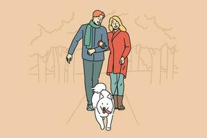 Man and woman are walking their dog together in park enjoying walk on autumn evening with warm weather. Happy couple with white dog on leash take care of pet in need of timely walk outdoors vector