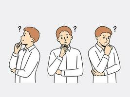 Male employee feel confused looking for problem solution or answer. Businessman frustrated brainstorm search for trouble solving idea. Vector illustration.