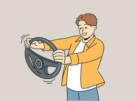 Smiling man with steering wheel in hands learn driving. Happy guy with car wheel have driving lessons. Vector illustration.