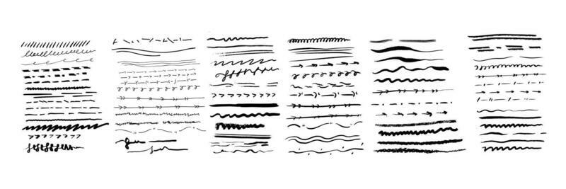 Hand drawn lines set. Collection of doodle lines on chekered background. Pen underlines, pencil hand drawn strokes. Scribble marker borders. Handmade scattered underline. Vector illustration