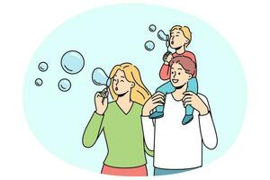 Happy family with kid blowing bubbles vector