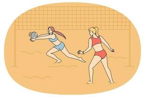 mujer en bikini jugando vóleibol en playa vector