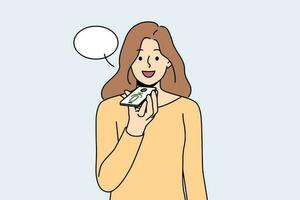 Smiling woman record voice message on cellphone. Happy female talk with digital audio assistant on smartphone. Technology and recording. Vector illustration.