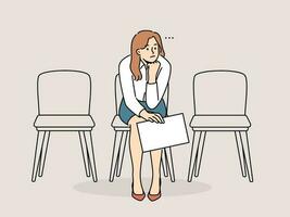 Bored businesswoman with document in hands sitting on chair in hallway waiting. Unhappy tired female employee with paperwork expect in hall. Vector illustration.