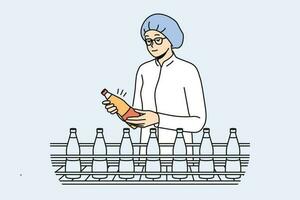 Female worker in uniform and headwear checking bottles on production line on factory. Woman employee control juice or milk quality at plant. Vector illustration.