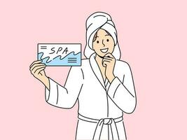 Smiling woman in bathrobe and towel on head holding spa center certificate. Happy female use beauty salon voucher for skincare procedures. Vector illustration.