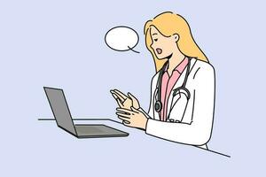 Doctor with laptop provides telemedicine services by consulting patients via internet. Woman telemedicine specialist in white remotely examines patient and gives recommendations for treatment vector