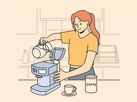 sonriente mujer verter agua en máquina haciendo café en dispositivo. contento hembra preparar artilugio para café haciendo a hogar. tecnología concepto. vector ilustración.