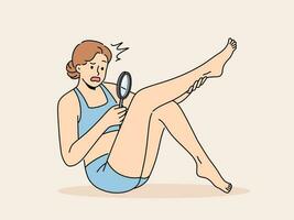 Woman is shocked by hair on legs and needs depilation or epilation in spa salon. Girl holding magnifying glass examining hair on legs for advertisement epilation services or body dysmorphic concept vector