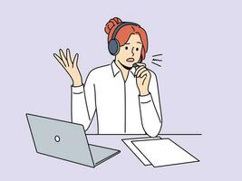 Stressed call center agent in headset talk with client consult about problem solving. Anxious female employee speak with customer help with online trouble. Vector illustration.