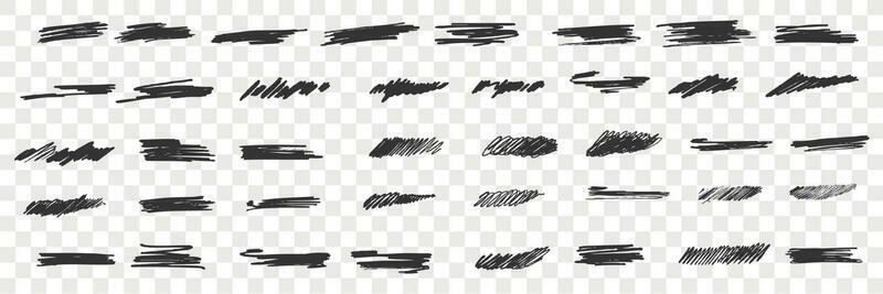Brush hand drawn scribbles doodle set. Collection of brush lines daubs on transparent background. Pen pencil ink smearing sketches illustration.