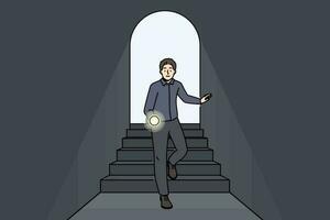 Scared man with flashlight walking in dark tunnel. Frustrated male with light in hands enter black room. Darkness and fear. Vector illustration.