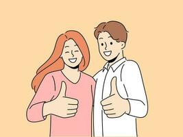 Smiling couple showing thumbs up give recommendation to good quality service. Happy man and woman recommend company to clients. Vector illustration.