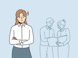 Unhappy female employee worry about colleagues talking in background. Upset angry woman worker bothered with coworkers engaged in teamwork. Vector illustration.