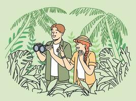 turistas participar en selva safari en pie entre denso tropical vegetación y participación binocular en manos. contento Pareja de hombre y mujer fuimos en safari viaje a explorar fauna silvestre vector