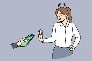 Woman refuses to take bribe making stop gesture and not wanting to participate in corruption business deals. Girl civil servant or official refuses bribe and lobbying interests of corporations vector