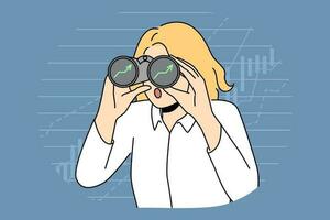 Excited businesswoman with binoculars search for investment opportunities. Employee with spyglass see rising graphs or charts. Business financial success. Vector illustration.