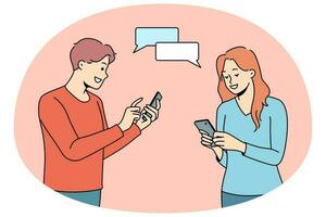 Happy couple texting on cell online vector