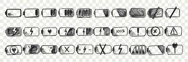 Hand drawn mobile battery doodle set. Collection of pen ink pencil drawing sketches of internet connection indicator isolated on transparent background. Illustration of low or high energy charge vector