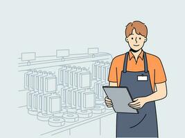 Male employee in uniform working in building hypermarket. Smiling man consultant standing near shelf in supermarket. Occupation concept. Vector illustration.