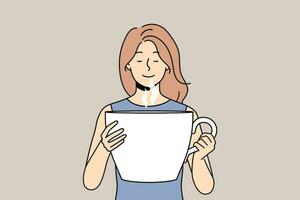 Woman inhales aroma of invigorating coffee and holds huge mug of drink for morning awakening. Girl with large portion of drink makes coffee break to gain strength for productive work. vector