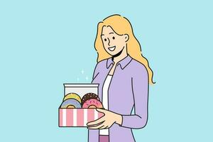 Woman holds donuts in box offering breakfast with sweet pastries with fruit or chocolate icing. Happy girl with donuts for kids party with desserts delivered from patisserie or bought in coffee shop vector