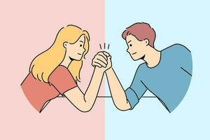 Arm wrestling between couple of man and woman for concept of fighting for leadership in family. Guy with girl compete who is stronger competing for position in company or leadership in team vector