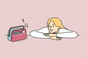 mujer es escuchando a radio utilizando Clásico fm receptor y disfrutando término análogo sonido de música. hipster niña poner cabeza en mesa y mira con sonrisa a retro radio dispositivo para jugando composiciones vector