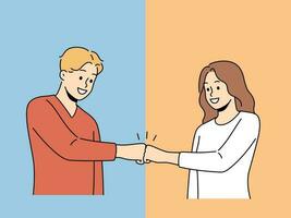 Smiling man and woman give fists bump engaged in teamwork. Happy couple male gesture greeting or making deal. Cooperation. Vector illustration.