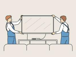 Smiling male workers in uniform hang TV on wall in apartment. Happy mechanics install television set at client home. Good quality service. Vector illustration.