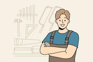 Smiling male carpenter in unform and glasses in workshop. Happy craftsman posing in woodwork workroom. Vector illustration.