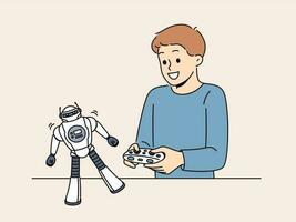 chico con juguete remoto revisado robot para concepto de aprendizaje robótica colegial es apasionado acerca de jugando con robot y Sueños de convirtiéndose ingeniero o creando cyborgs con artificial inteligencia vector