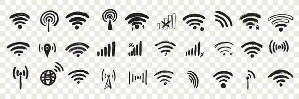 Hand drawn wifi sign doodle set. Collection of pen ink pencil drawing sketches of internet connection indicator isolated on transparent background. Illustration of mobile or computer symbol vector