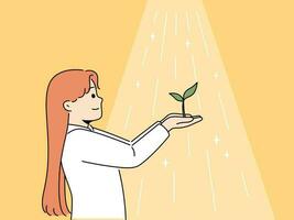 Smiling girl holding seedling in hands at sunlight. Happy child with green plant under sun. ecology and nature lover. Vector illustration.