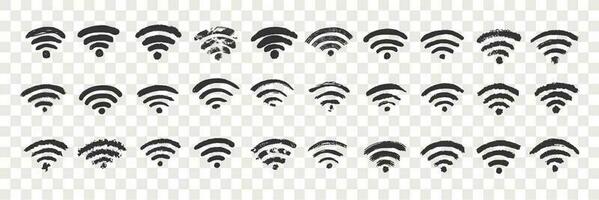 Hand drawn wifi sign doodle set. Collection of pen ink pencil drawing sketches of internet connection indicator isolated on transparent background. Illustration of mobile or network symbol vector