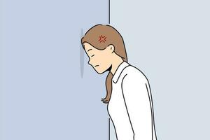 Woman bangs head against wall because of mental problems or failures in personal life. Girl stands with eyes closed, inventing way to solve problems that have arisen and in need of moral support. vector