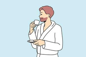 Man in bathrobe drinks coffee enjoying hot tart drink after waking up in morning. Successful young man with tea having rest in hotel or using services of spa center during vacation or weekend vector
