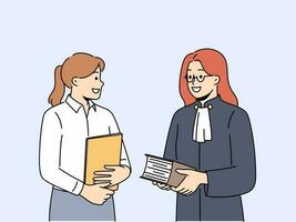 Smiling female lawyer and paralegal with folders in office. Happy woman judge with assistant holding documents in court. Vector illustration.