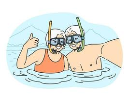 Smiling elderly couple in snorkeling masks diving in lake showing thumb up. Happy old man and woman recommend diving in sea. Active maturity. Vector illustration.