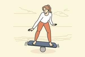 Happy toned woman balancing on wooden board on mat on beach. Fit girl keep balance training on seashore on sunset. Sport and workout. Vector illustration.