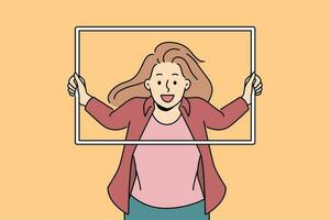 Smiling woman with empty frame posing making picture. Happy girl put face for picture or photo in frame. Photo shoot and modeling. Vector illustration.