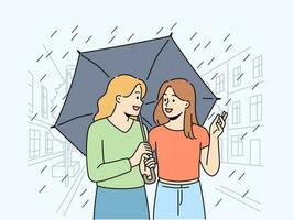 Smiling girlfriends walking under umbrella on city street. Happy friends walk in rain enjoy talk or chat on weekend. Friendship. Vector illustration.