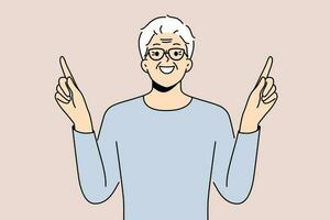 Eldery man came up with idea and points fingers up with smile to draw attention to your ad. Gray-haired pensioner in glasses recommends paying attention to good offer or cool idea. vector