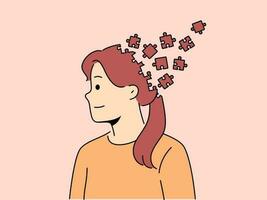 Woman with puzzle head as metaphor for chaos in head and lack of planning to solve tasks. Girl with psychological problems smiles in need of getting rid of chaos in thoughts to achieve mental balance. vector