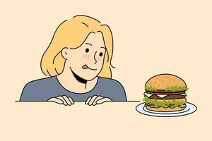 Excited child looking at delicious hamburger on table. Happy girl kid ready to eat tasty burger. Food and nutrition. Vector illustration.