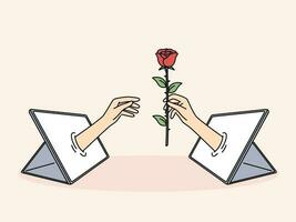 Hand with rose in tablet is metaphor for online relationships and dating using digital gadgets. Online flirting and sending virtual gifts through social network app for distance relationships concept vector