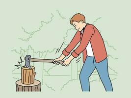 Strong man cutting wood with axe in forest. Guy splitting wood logs in nature. Camping and woodcutting. Vector illustration.