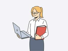 Smiling businessman with laptop and folder. Happy female employee in glasses standing busy with computer. Education and business. Vector illustration.