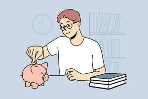 Smiling man in glasses put coin in piggybank saving money for future. Happy guy make financial investment in piggy bank. Budget management. Vector illustration.