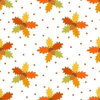 Autumn background with acorns and autumn oak leaves in orange, beige, brown and yellow colors. Seamless pattern for wallpaper, gift paper, picture file, web page background, autumn greeting cards vector